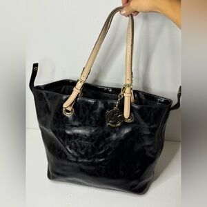 Michael Kors Large Jet Set Black Patent Leather Monogram Tote
